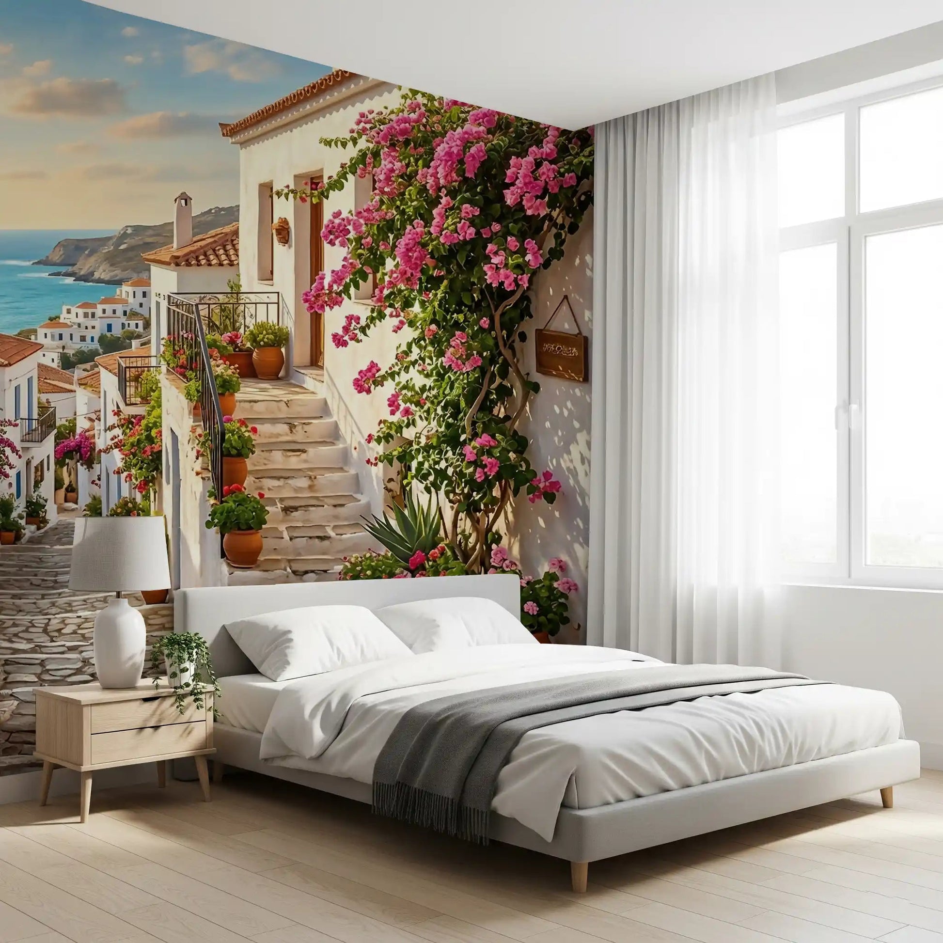 Bedroom showcasing the scenic Bougainvillea Steps to the Aegean Wall Mural landscape.