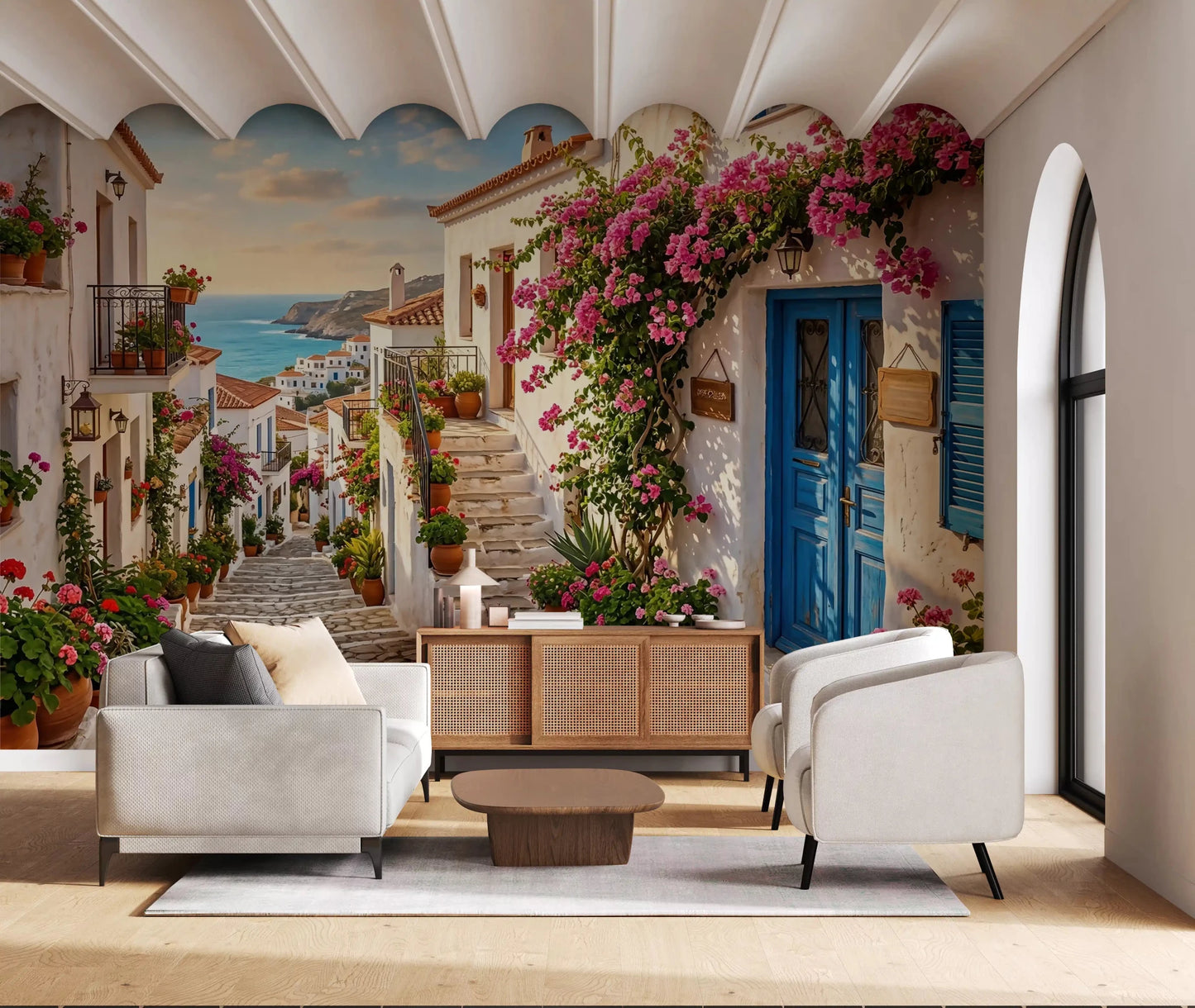 High quality details of the Bougainvillea Steps to the Aegean Wall Mural coastal scene.