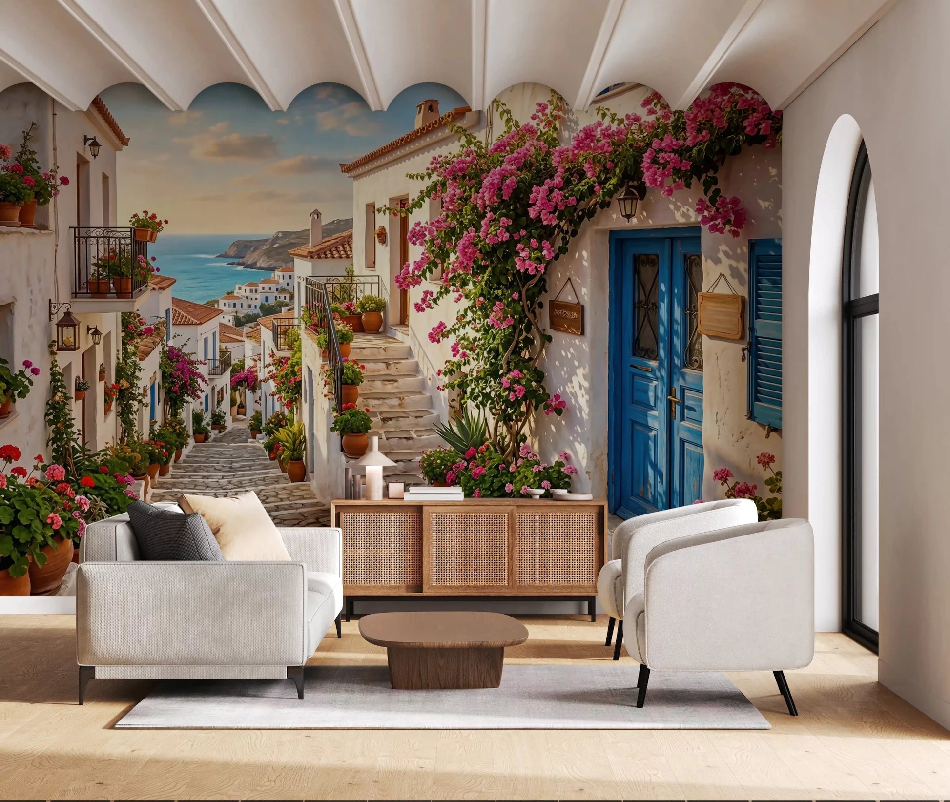 High quality details of the Bougainvillea Steps to the Aegean Wall Mural coastal scene.