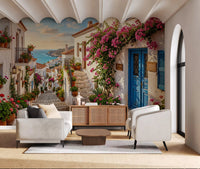 High quality details of the Bougainvillea Steps to the Aegean Wall Mural coastal scene.