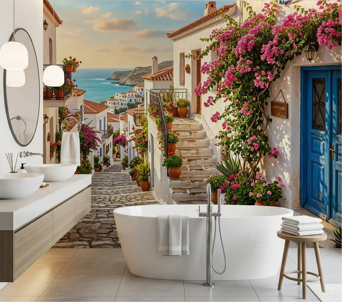 Bathroom featuring the Bougainvillea Steps to the Aegean Wall Mural on the main .