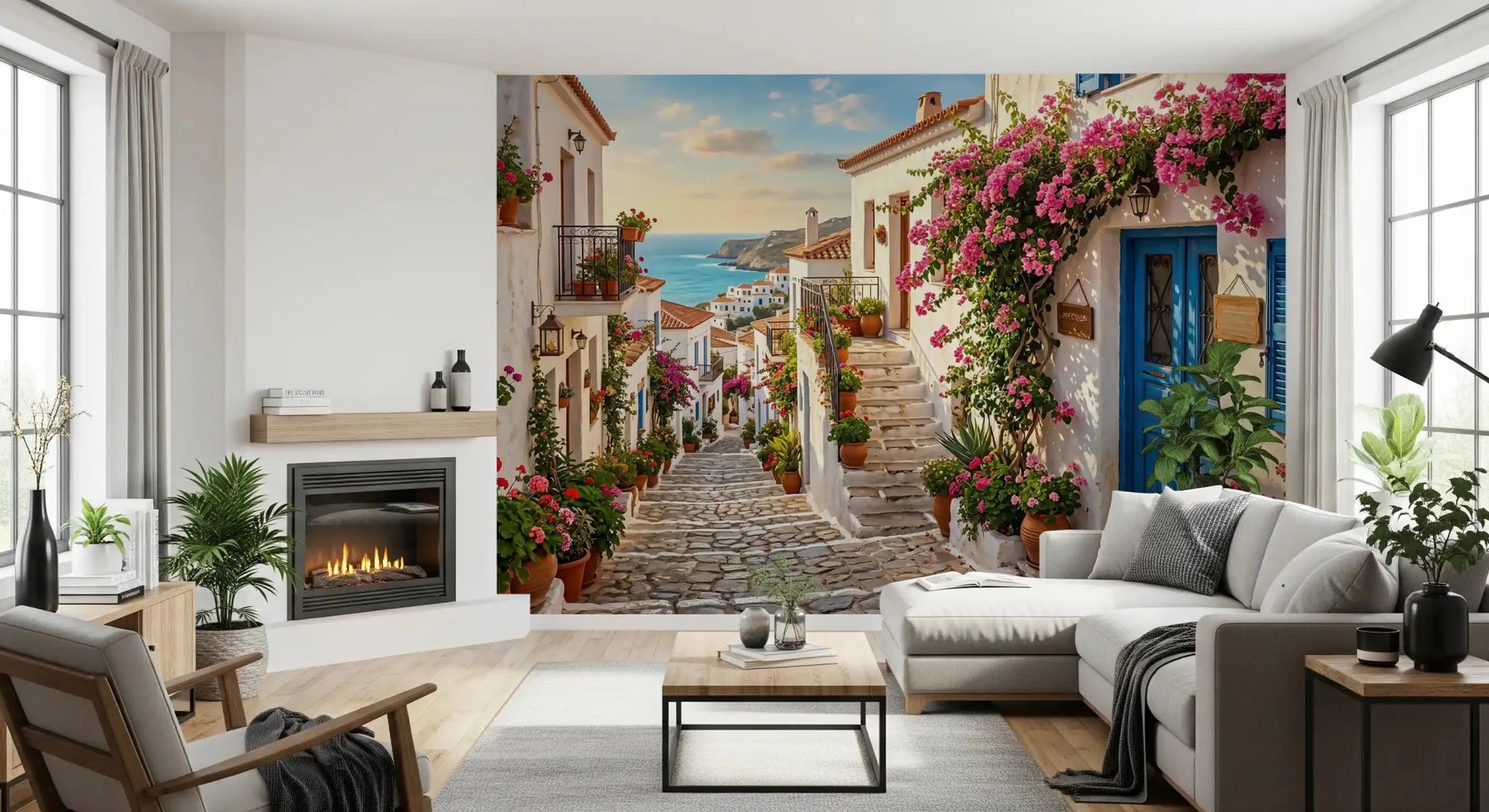 Living room installation of the Bougainvillea Steps to the Aegean Wall Mural backdrop.