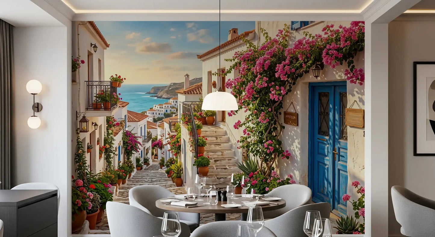 Open dining room area displaying the Bougainvillea Steps to the Aegean Wall Mural view.