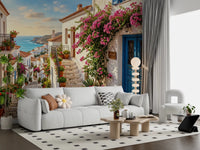 Vivid pink flowers on the Bougainvillea Steps to the Aegean Wall Mural surface.