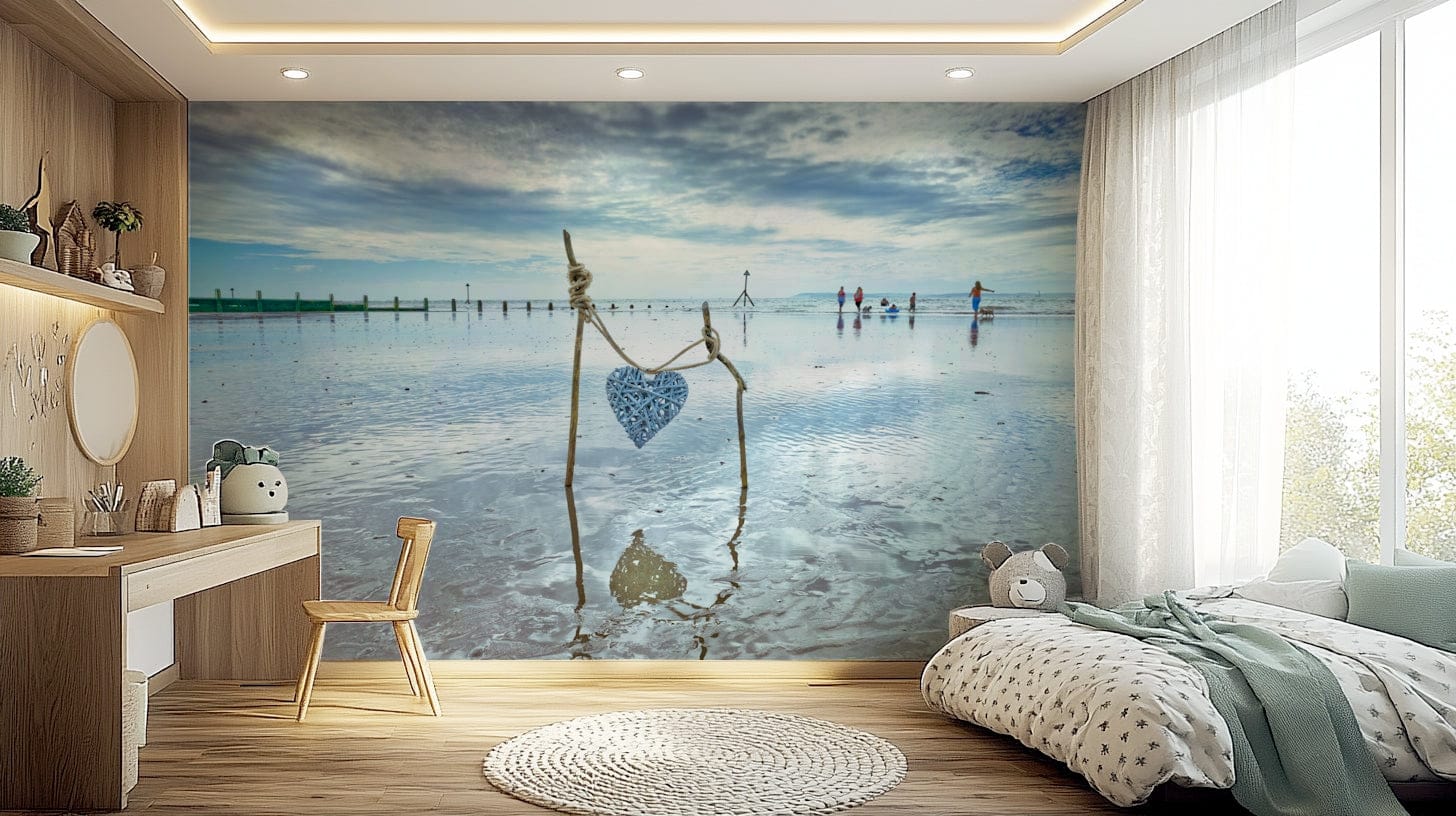 Bound by Love Wall Mural, woven heart on sticks on a wet beach.