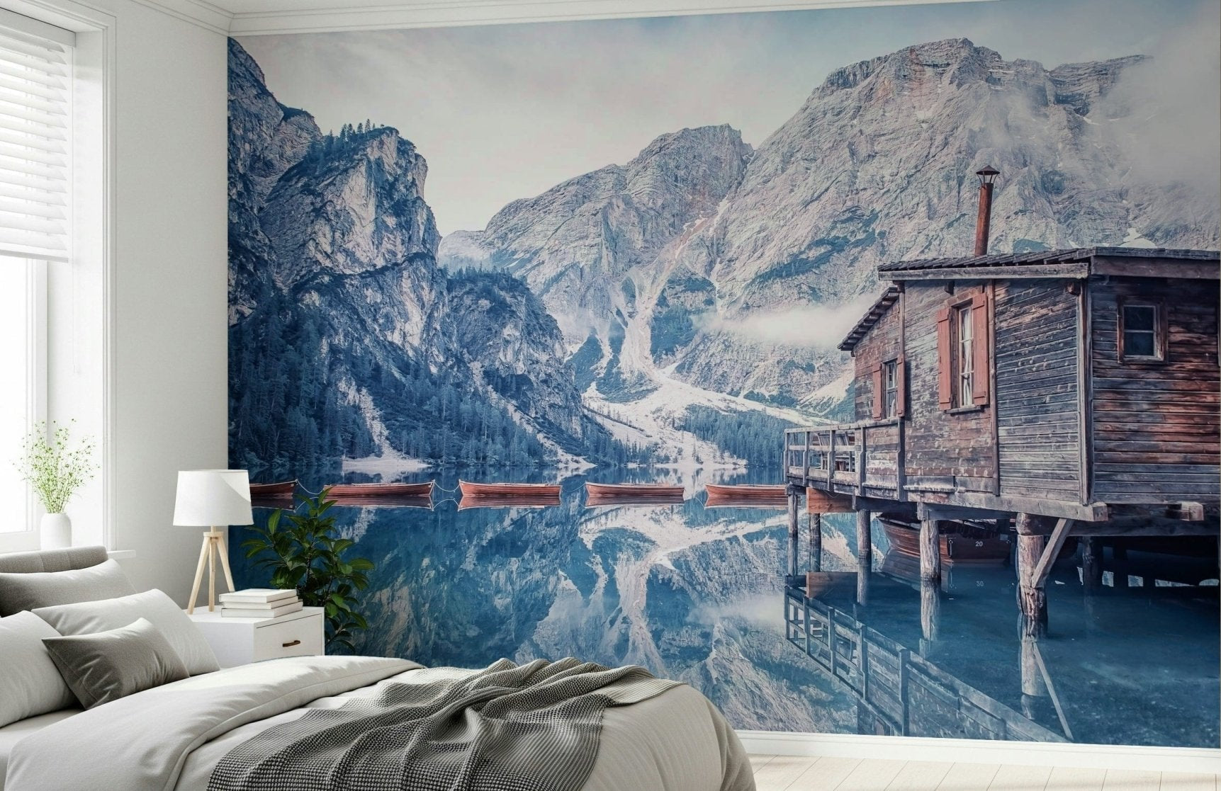 Braies Lake Serenity wall mural showing snowy peaks over a still lake GD7391
