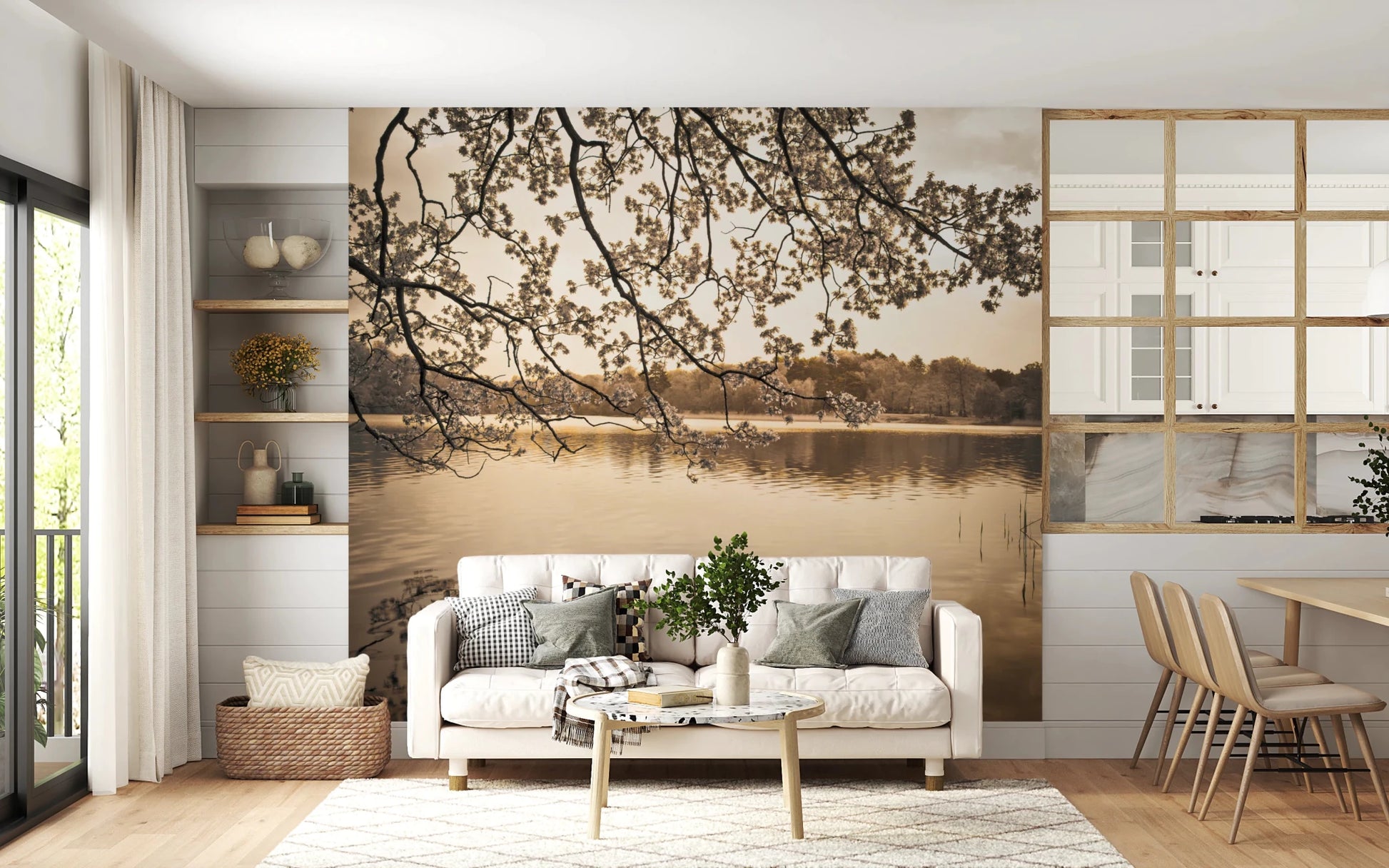 Bright living space featuring Branches Above Lake Wall Mural across wall