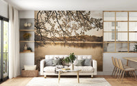 Bright living space featuring Branches Above Lake Wall Mural across wall