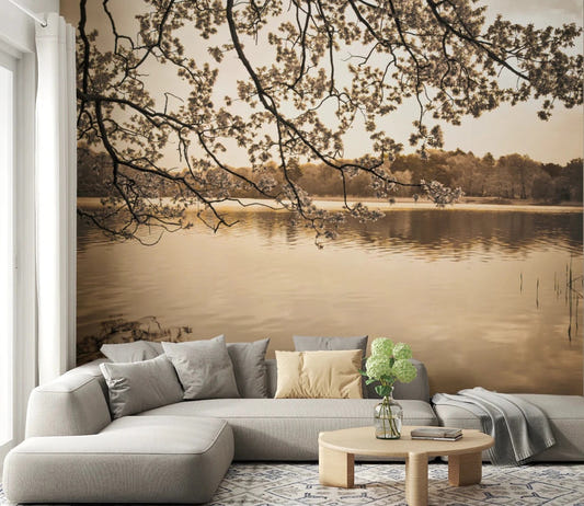 Living room sofa setup with Branches Above Lake Wall Mural and calm lake view