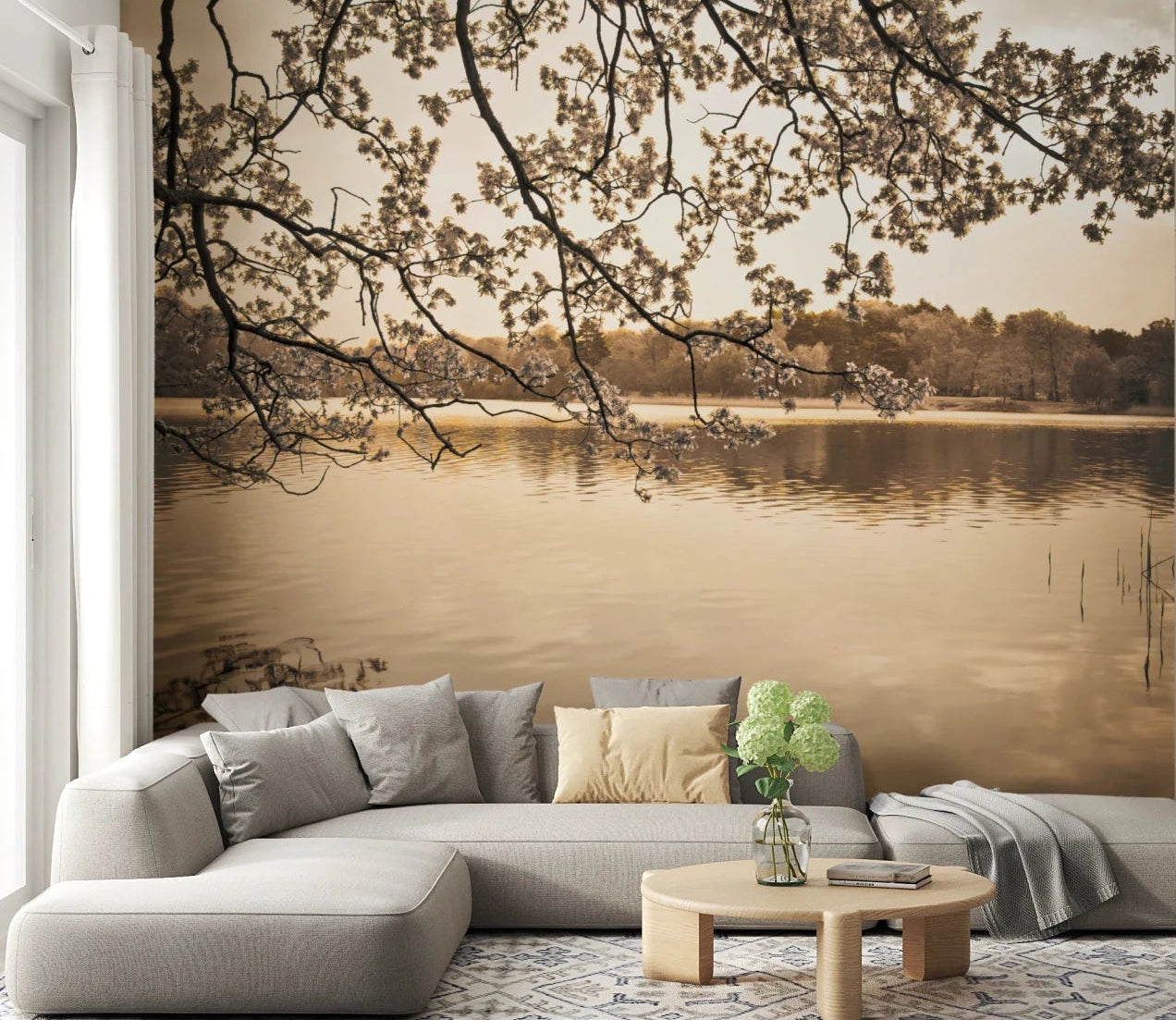 Living room sofa setup with Branches Above Lake Wall Mural and calm lake view, GD8242