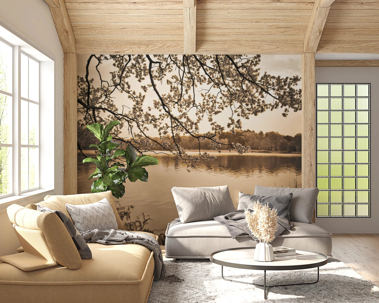 Cozy seating corner with Branches Above Lake Wall Mural and branch detail