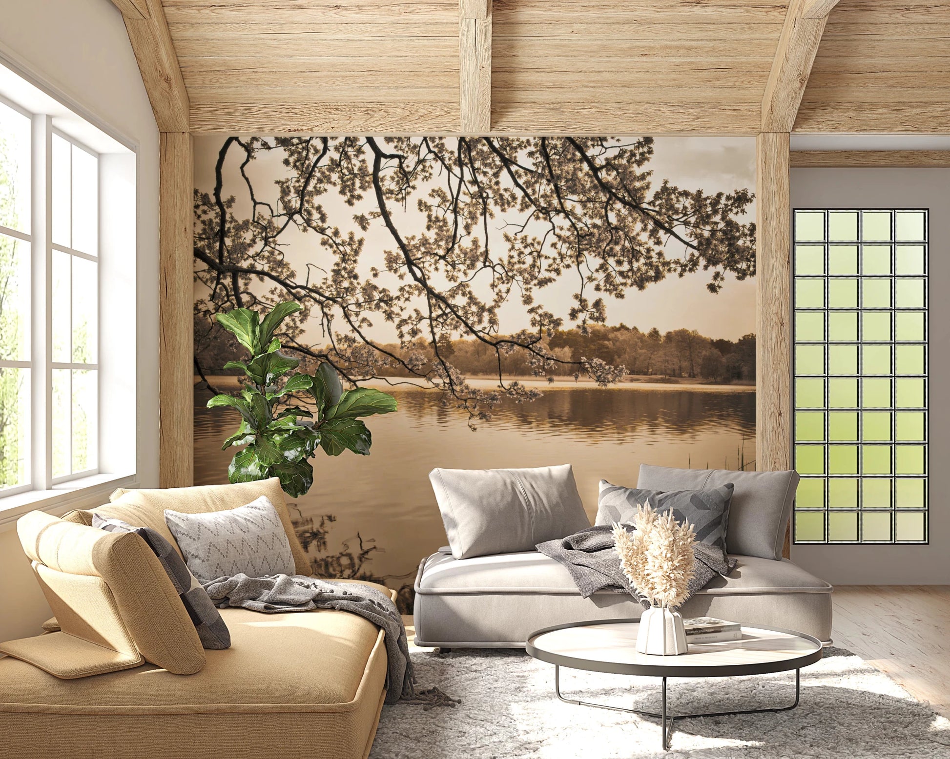 Cozy seating corner with Branches Above Lake Wall Mural and branch detail