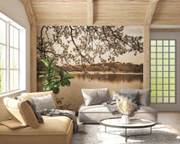 Cozy seating corner with Branches Above Lake Wall Mural and branch detail
