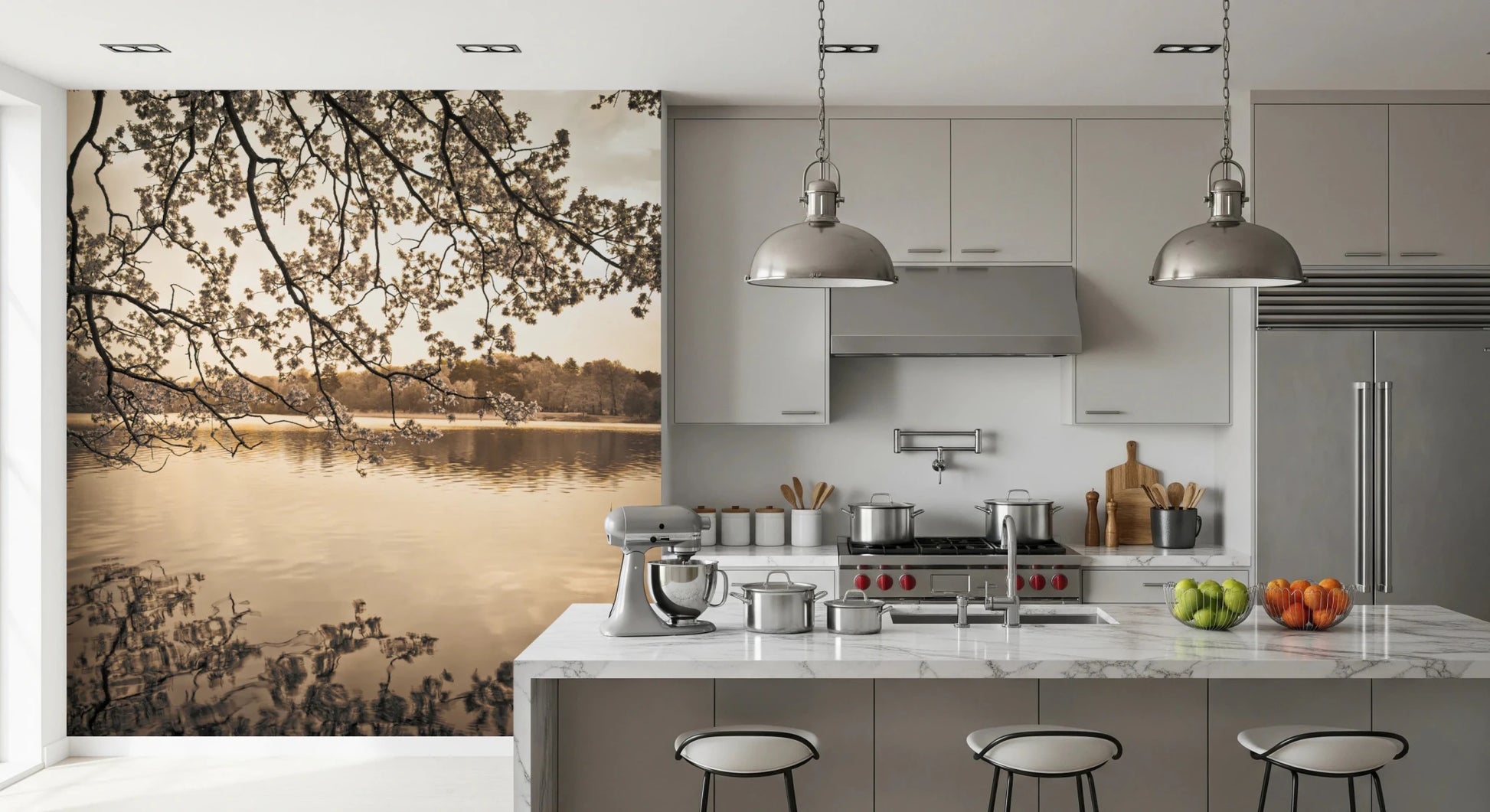 Kitchen interior paired with Branches Above Lake Wall Mural warm tones