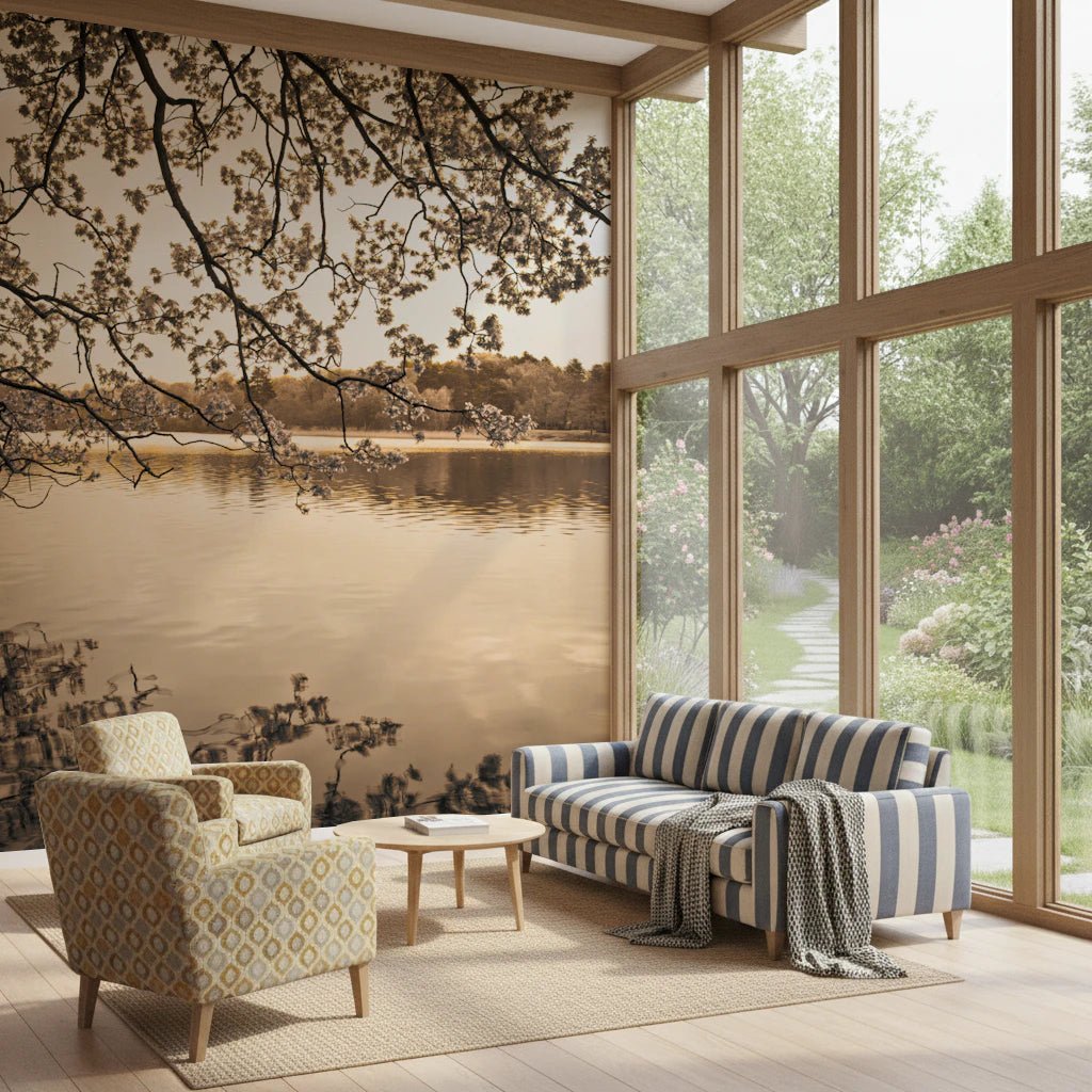 Window-side lounge seating with Branches Above Lake Wall Mural and soft light