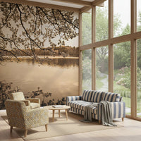 Window-side lounge seating with Branches Above Lake Wall Mural and soft light