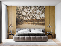 Modern bedroom with Branches Above Lake Wall Mural behind bed setup