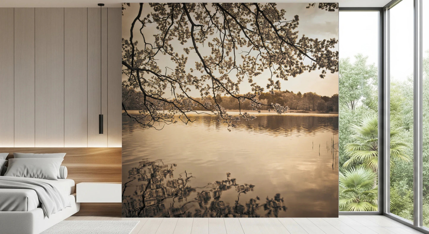 Bedroom wall styled with Branches Above Lake Wall Mural and lake reflection