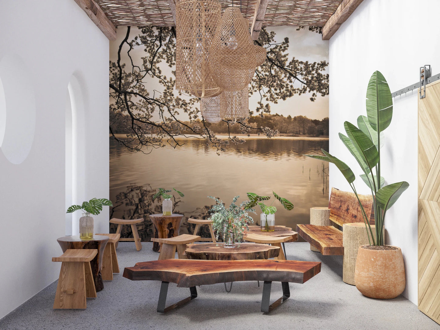 Dining area with wooden table and Branches Above Lake Wall Mural scene