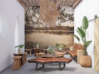 Dining area with wooden table and Branches Above Lake Wall Mural scene