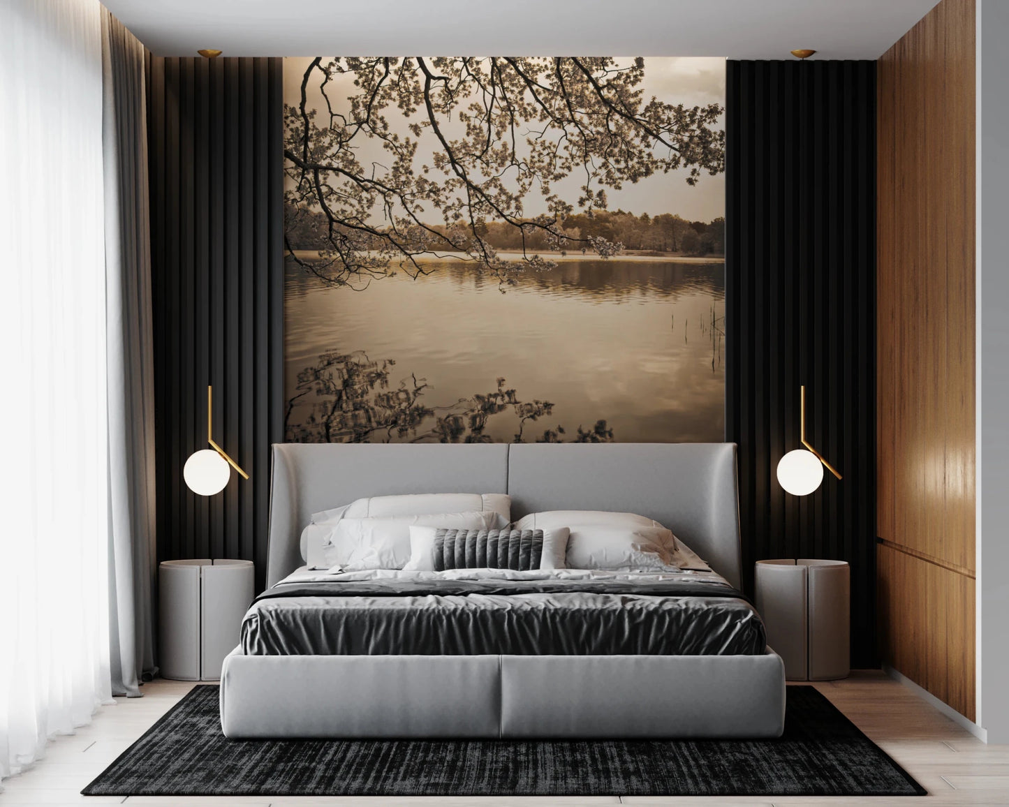 Dark tone bedroom with Branches Above Lake Wall Mural and soft lighting