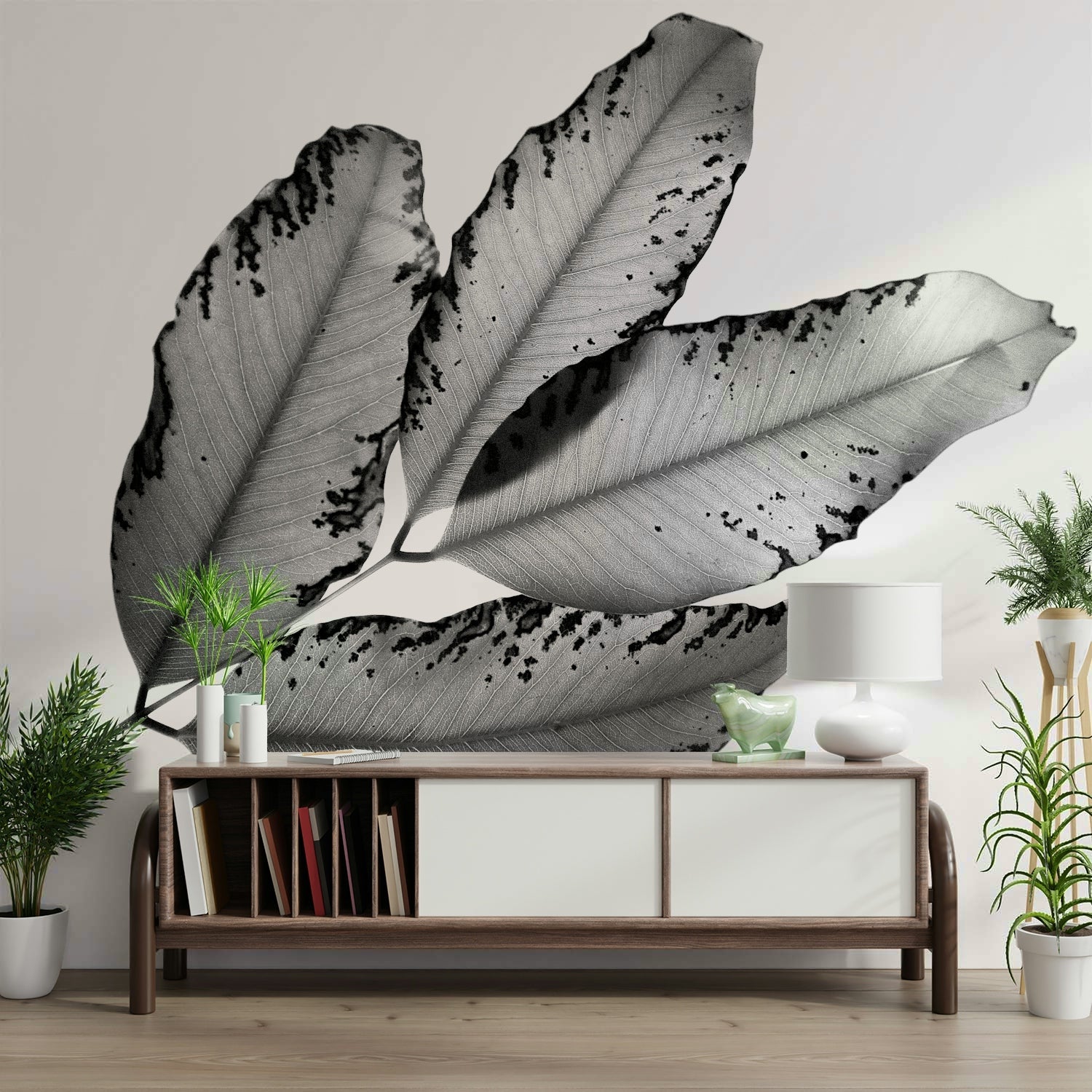 Grayscale leaf cluster on a slender stem, Branches and Leaves Wall Mural GD4891
