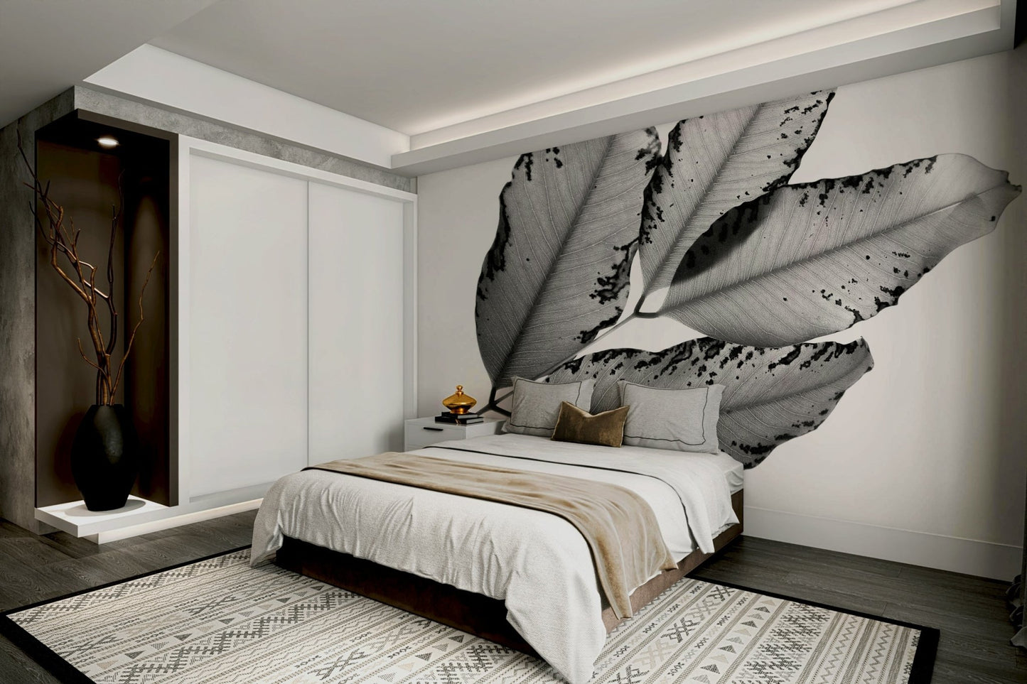 Peel-and-stick Branches and Leaves Wall Mural in black and white botanical style GD4891
