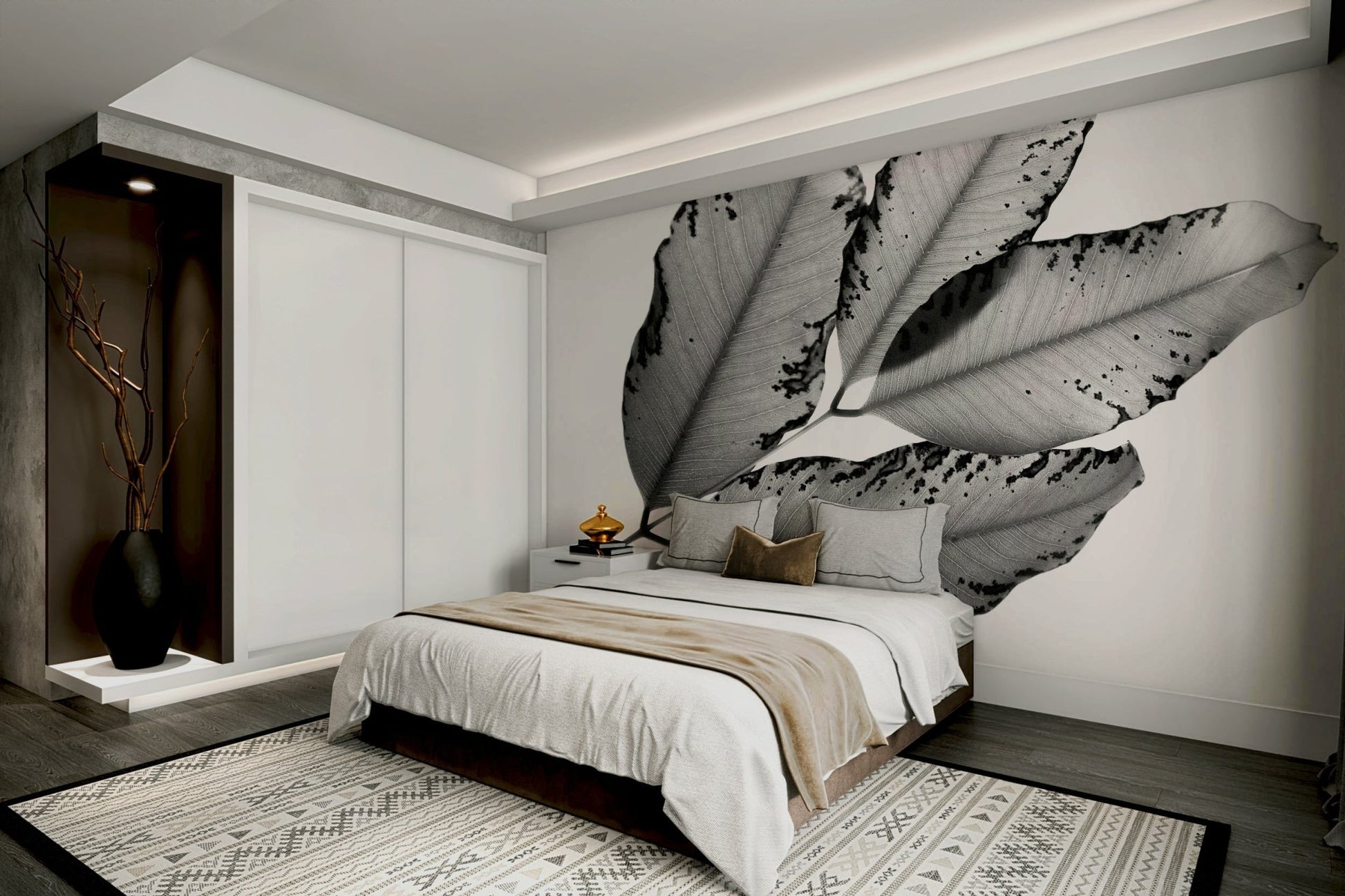 Peel-and-stick Branches and Leaves Wall Mural in black and white botanical style GD4891
