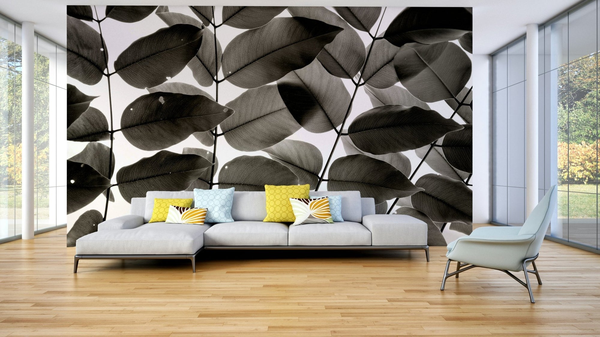 Branches and Leaves I Wall Mural with dense backlit monochrome canopy GD4970
