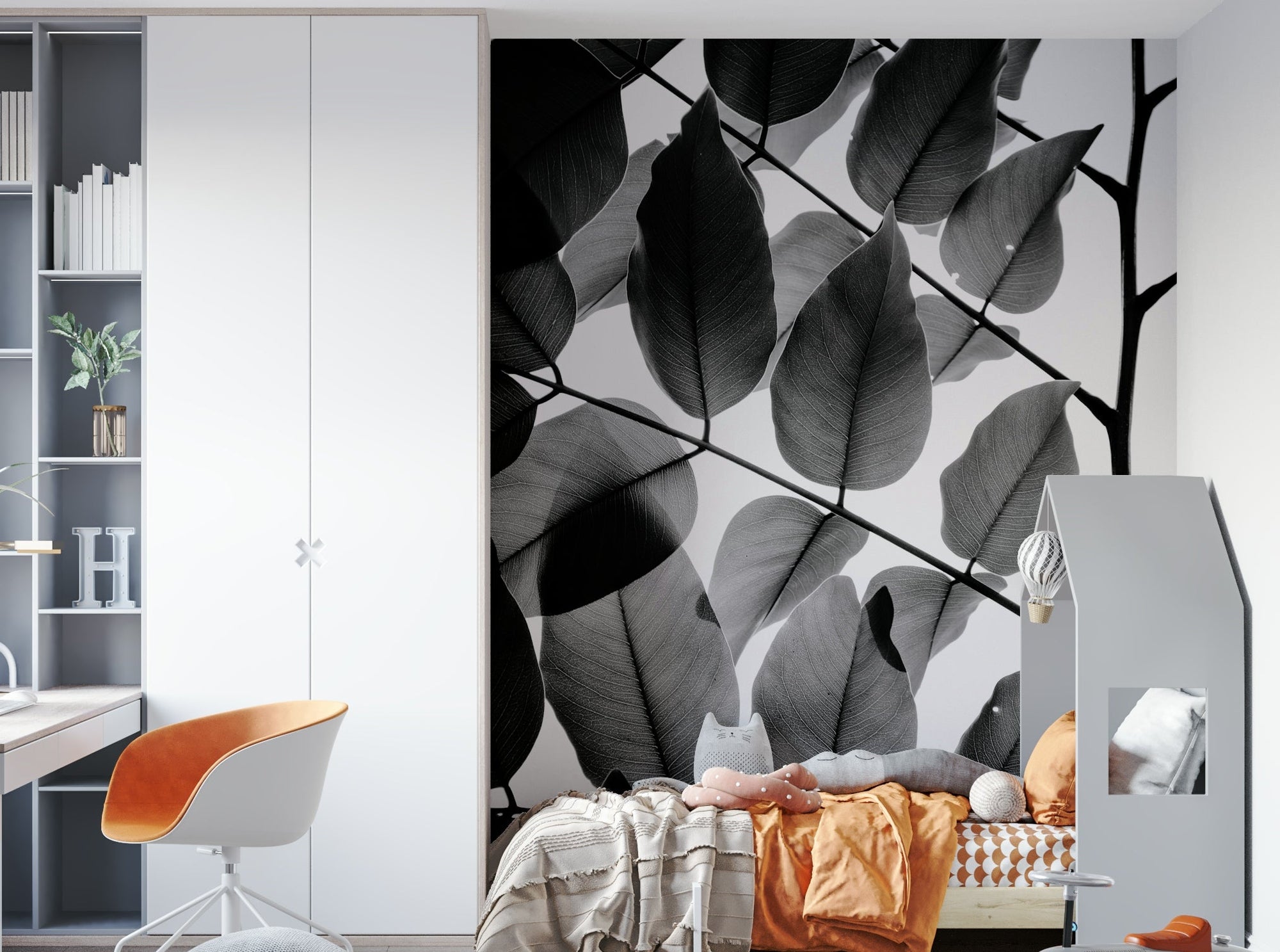 Branches and Leaves II Wall Mural with backlit monochrome foliage GD4969
