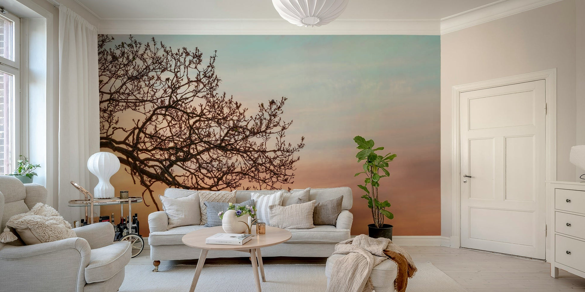 Sunset-themed mural with orange and blue hues

