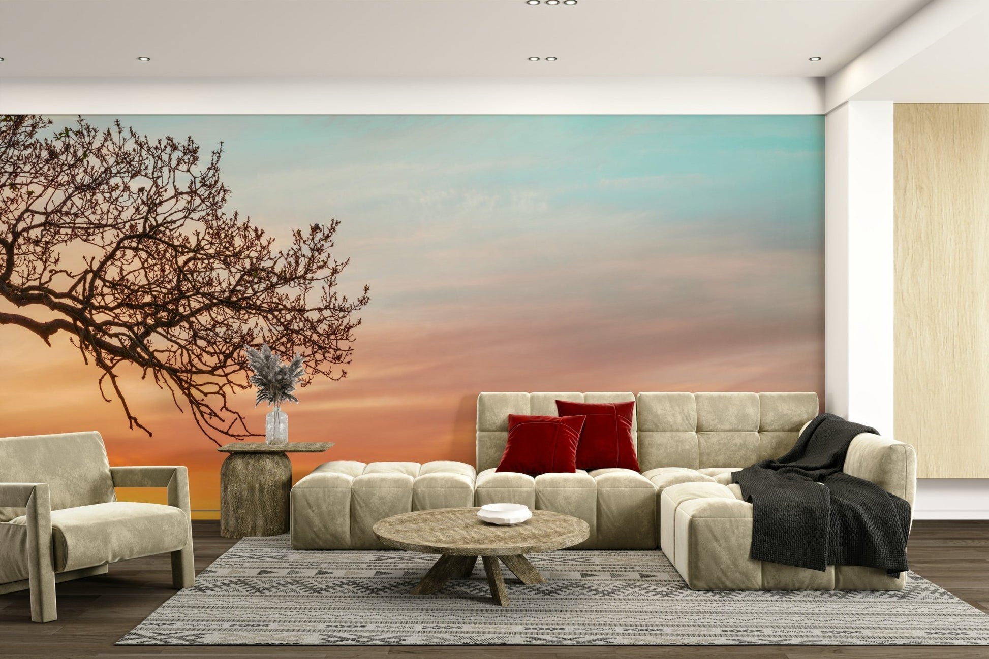 Wide-format mural showing sunset and branches

