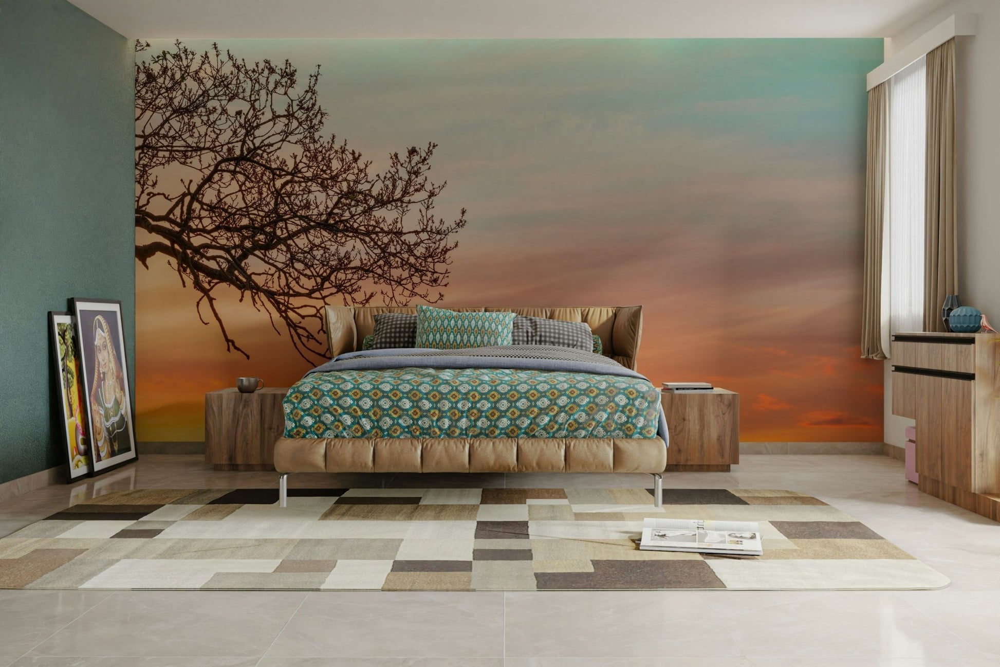 Peaceful sunset wall mural with tree branch

