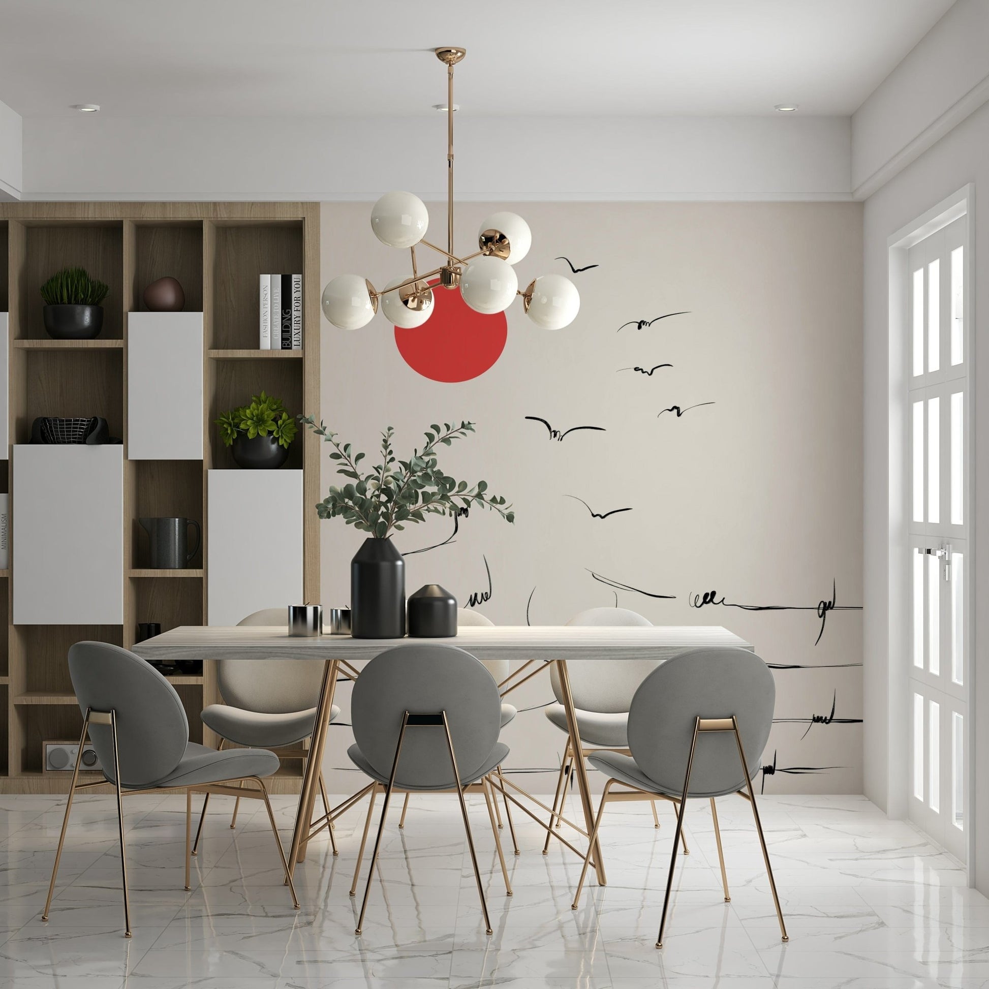 Abstract birds flight wallpaper mural for a minimalist bedroom wall.
