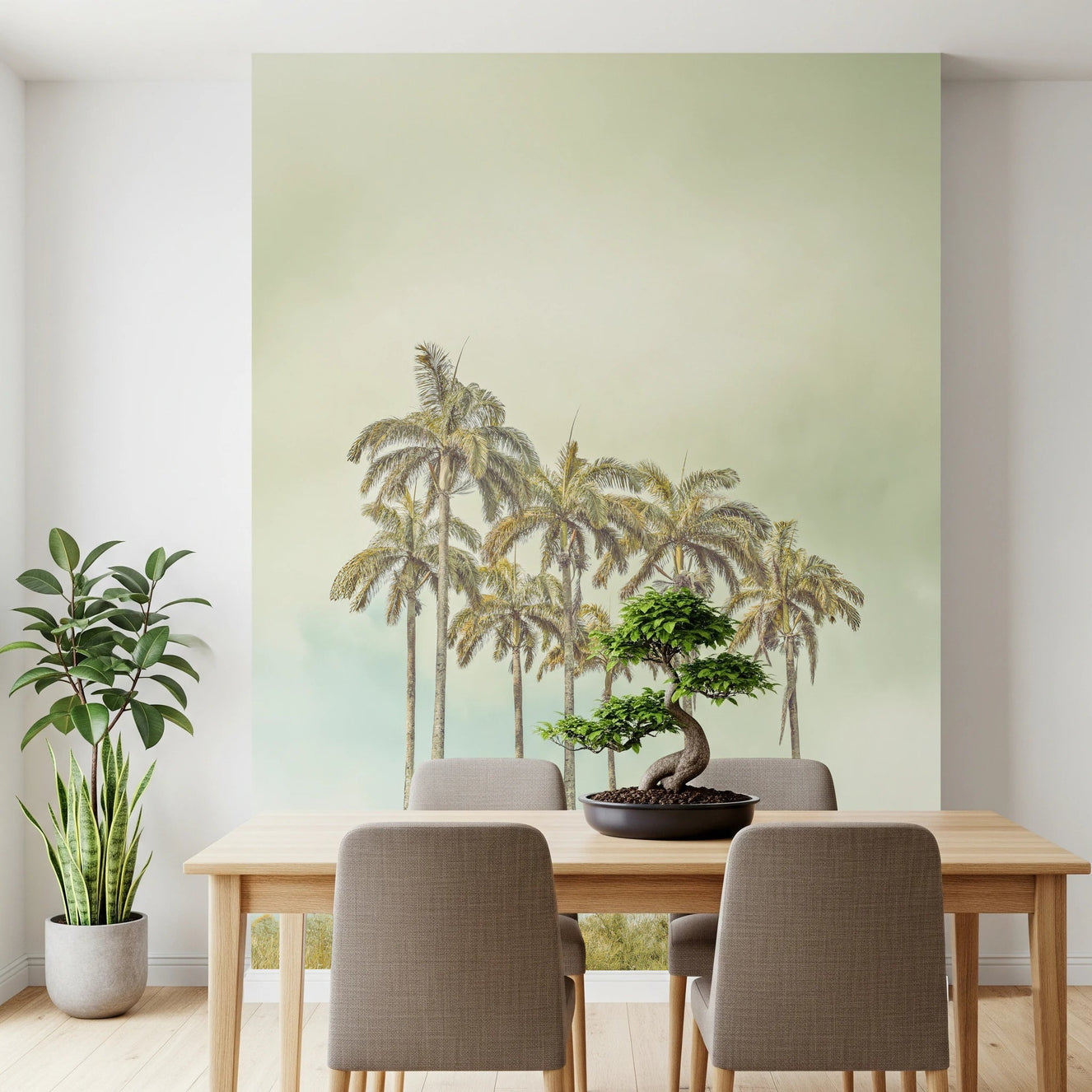 Dining space with Breezy Palms Wall Mural beside a plant and wood chairs