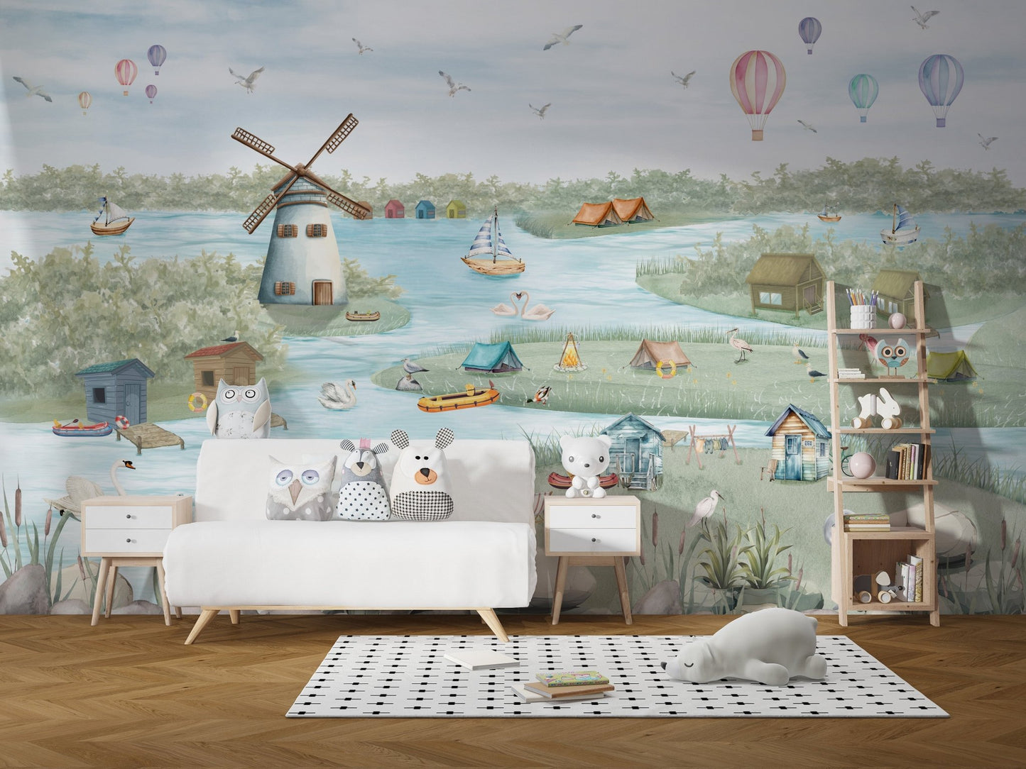 Kids room mural with boats and hot air balloons, C318