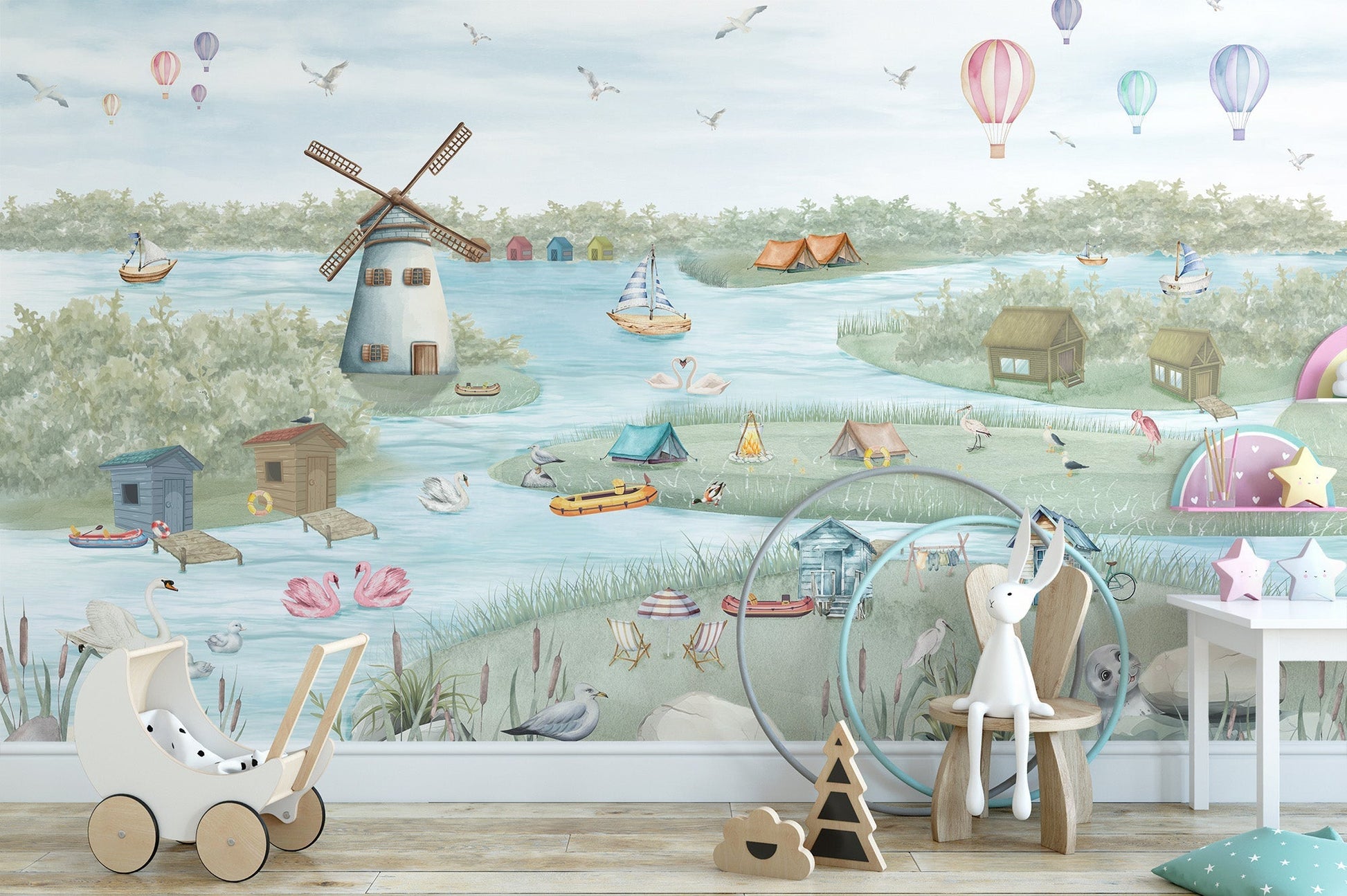 Peaceful lake scene wallpaper for nursery, C318