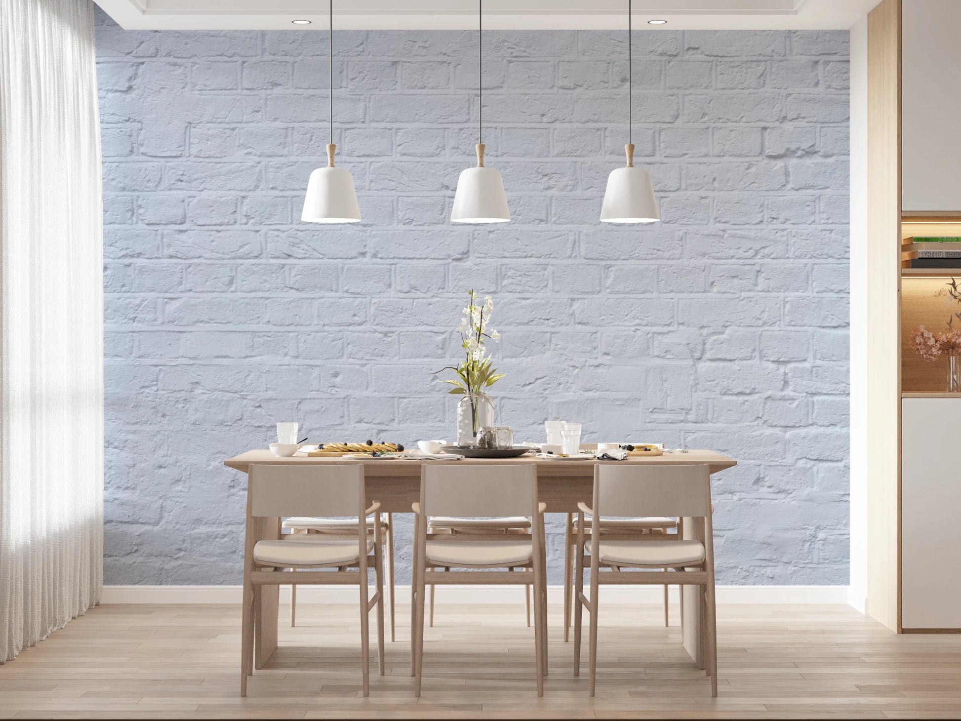 Dining area featuring Brick Decor Wall Mural with pendant lights and pale brick texture