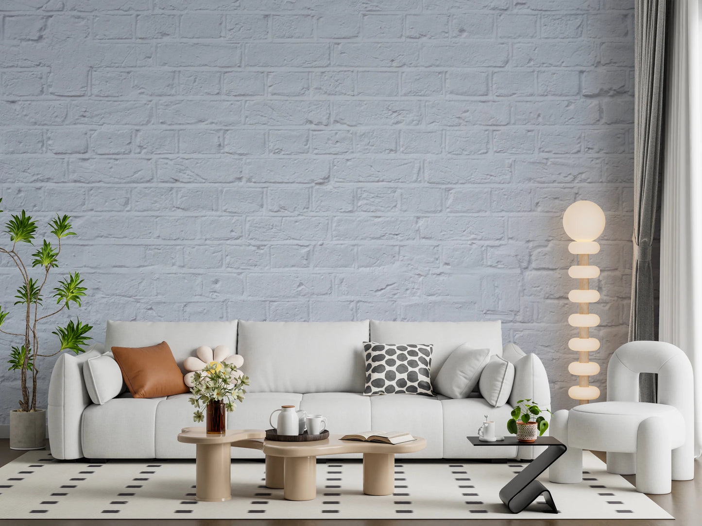 Living room  styled with Brick Decor Wall Mural and simple neutral furnishings