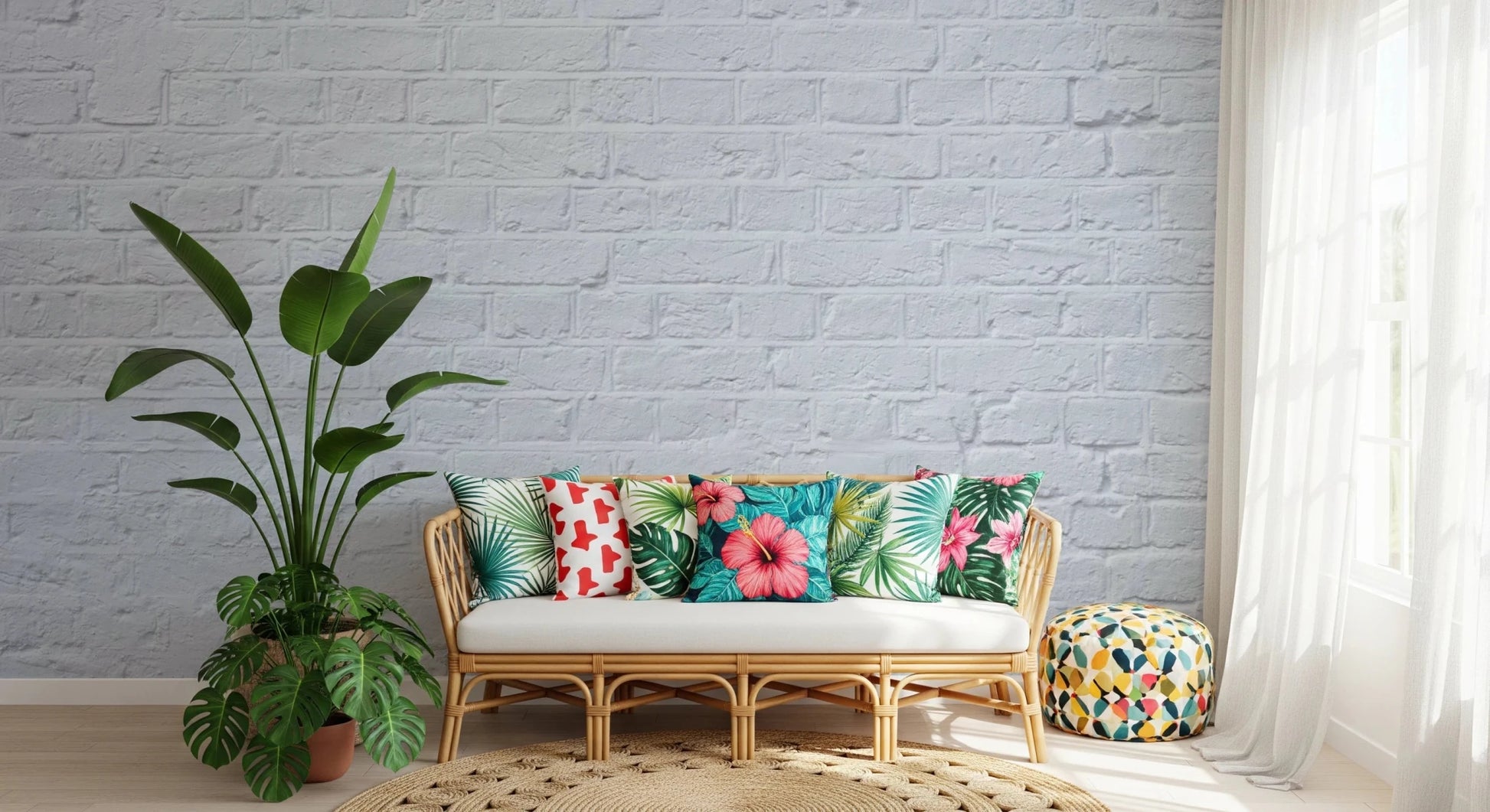Sitting room corner with Brick Decor Wall Mural behind a colourful modern bench