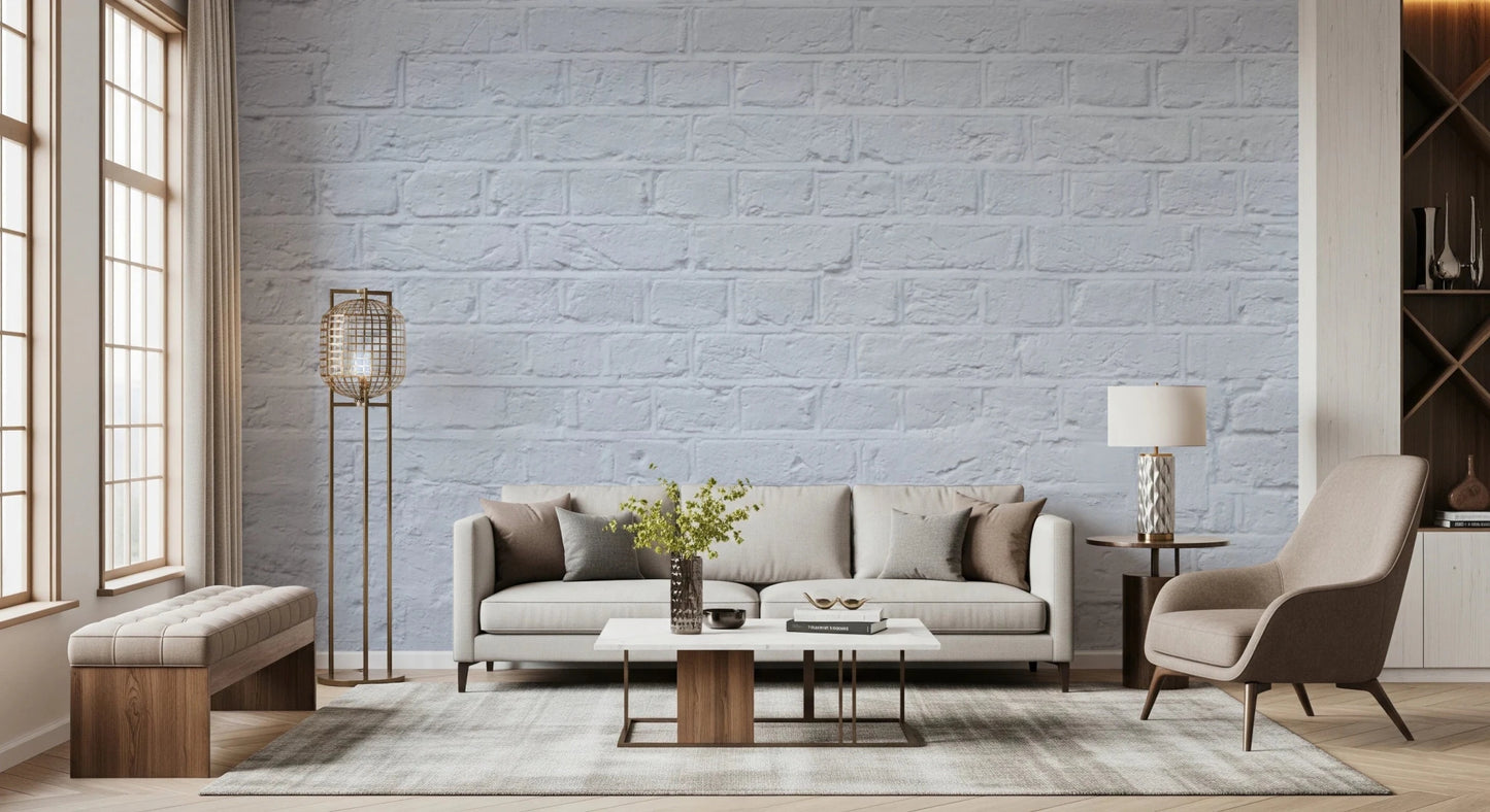 Modern living room set against Brick Decor Wall Mural with layered neutral seating