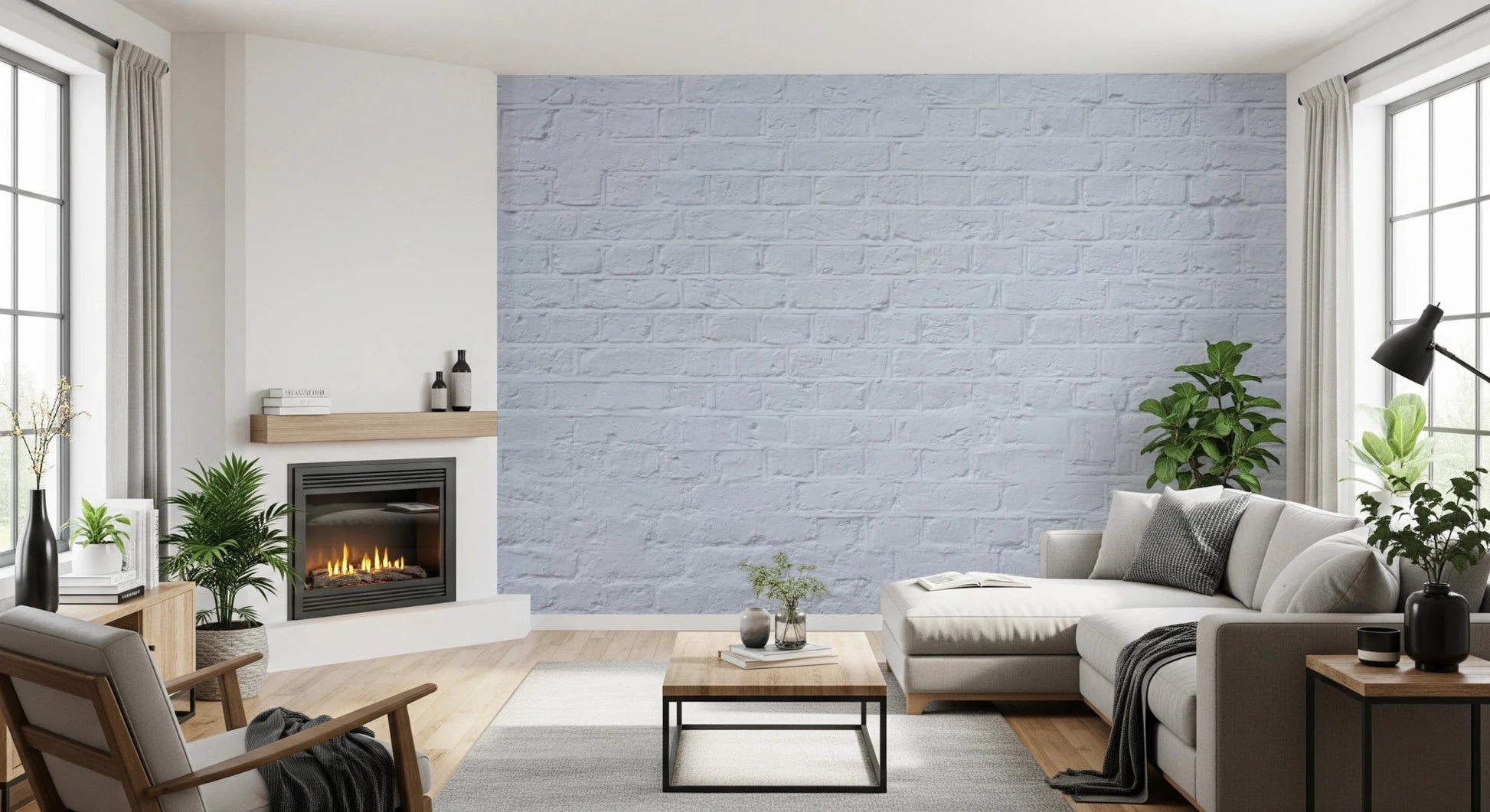 Cozy living area using Brick Decor Wall Mural along a full white brick feature 