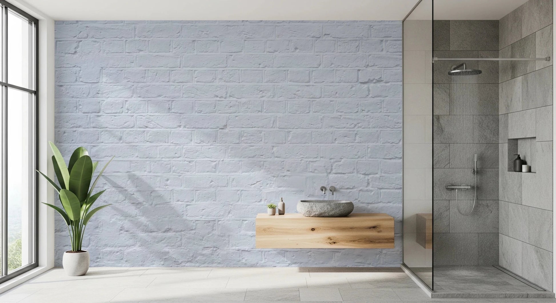 Minimal bathroom showing Brick Decor Wall Mural beside a tub and green plant