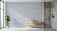 Minimal bathroom showing Brick Decor Wall Mural beside a tub and green plant