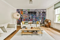 The colors are soft, muted tones of red, blue, green, and yellow.

