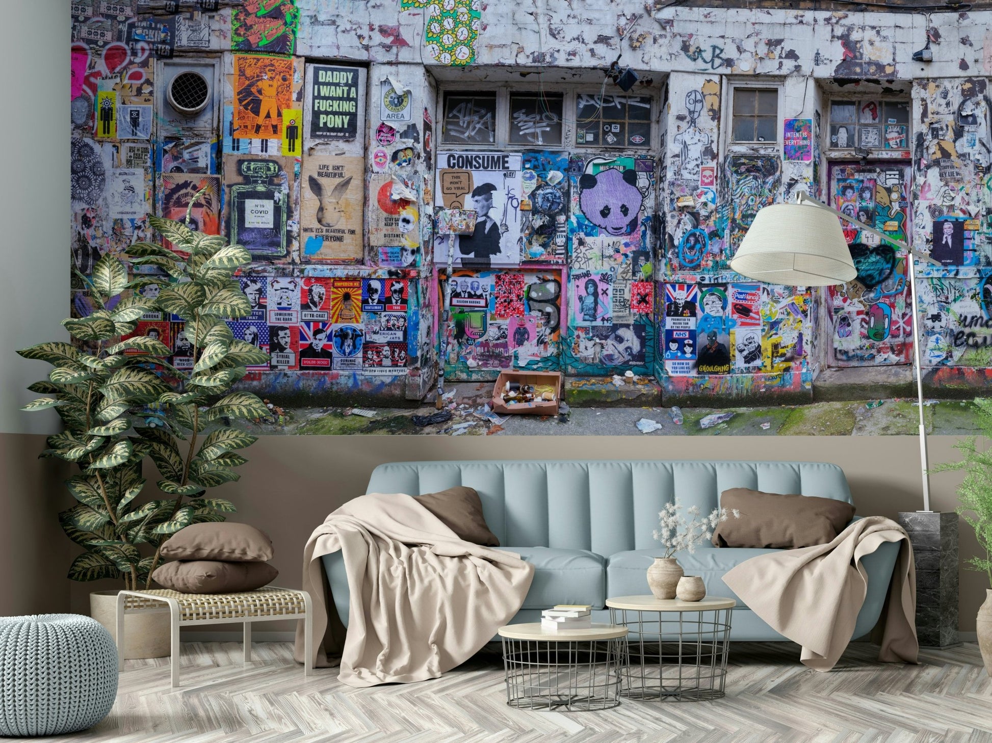 The image shows an artistic impression of a serene graffiti wall with a soft, urban feel.

