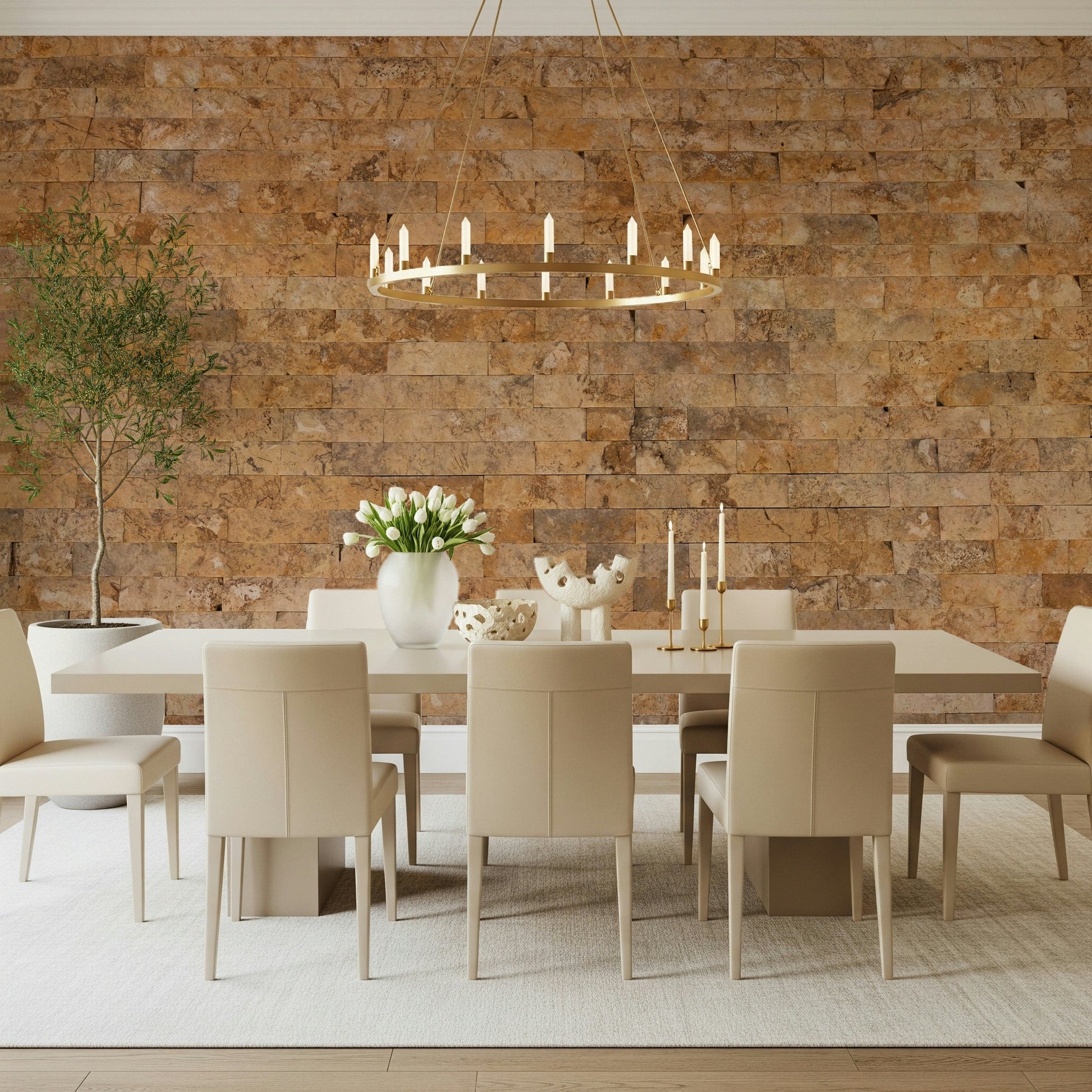 Contemporary furniture styled against the Brickwork Beauty wallpaper.