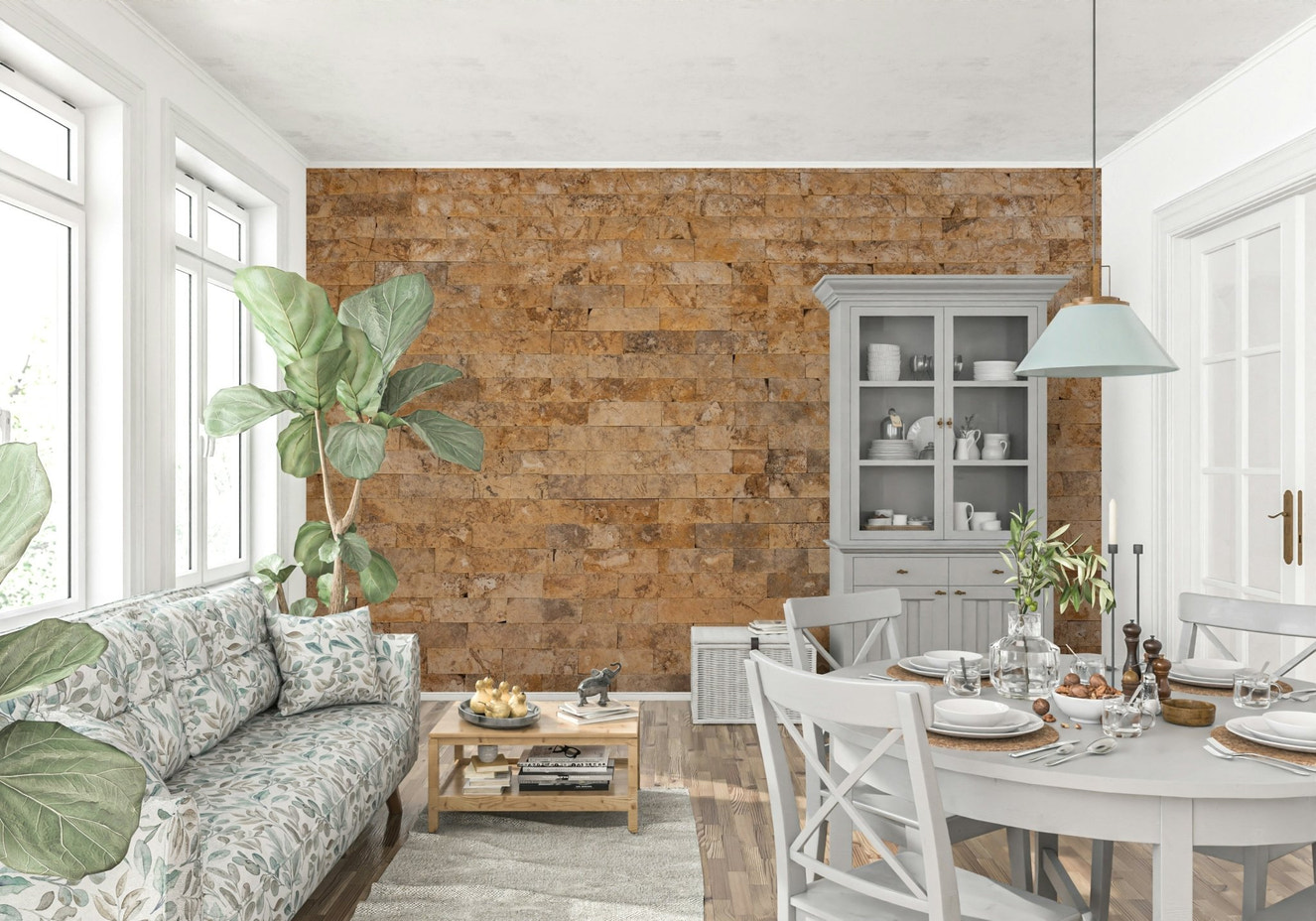 Full living room featuring the classic Brickwork Beauty Wall Mural.