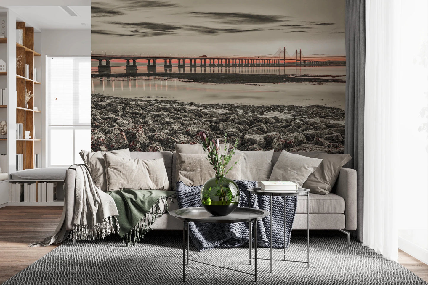 Rocky shore detail in Bridge at Dusk wall mural foreground