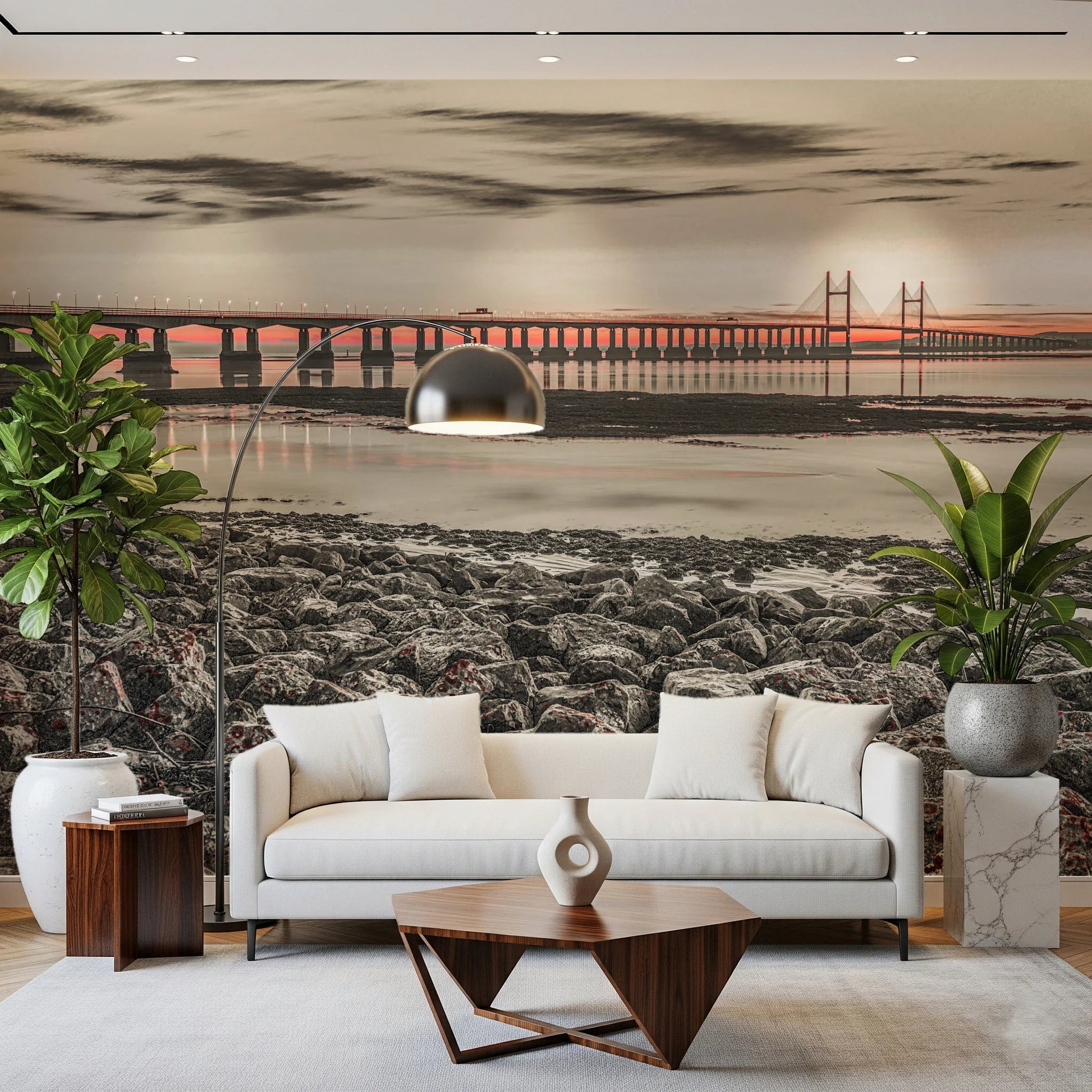 Office setup with Bridge at Dusk wall mural in muted tones